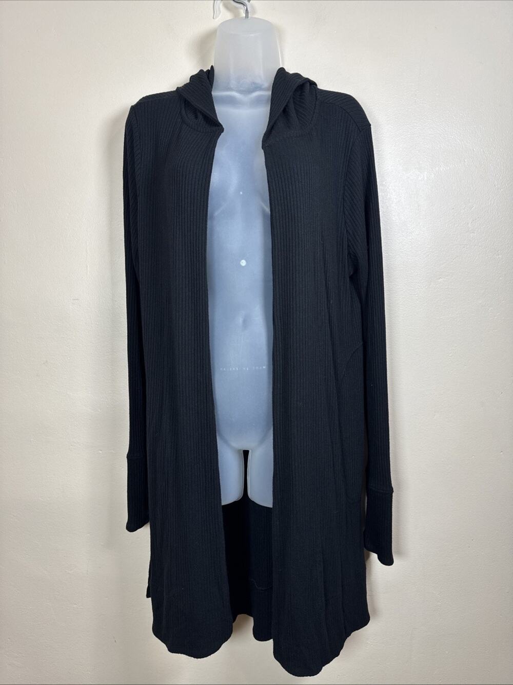 Athleta Long Cardigan Sweater Rib Knit Hooded M Black Stretch pockets Thumb Hole